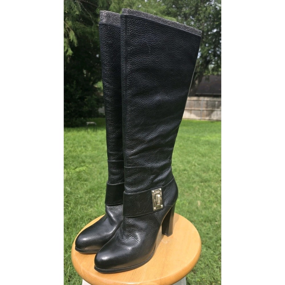 Enzo Angiolini Boots Womens Size 8.5 black Leather Tall Heeled Buckle Strap Zip